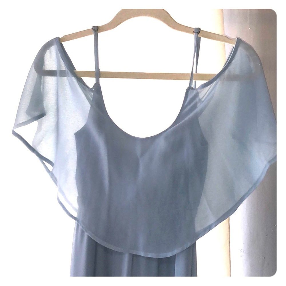 Floor length blue grey maxi off shoulder dress